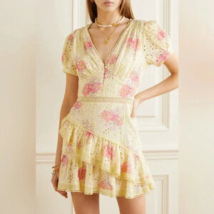 LoveShackFancy Cream and Pink Floral Mini Dress